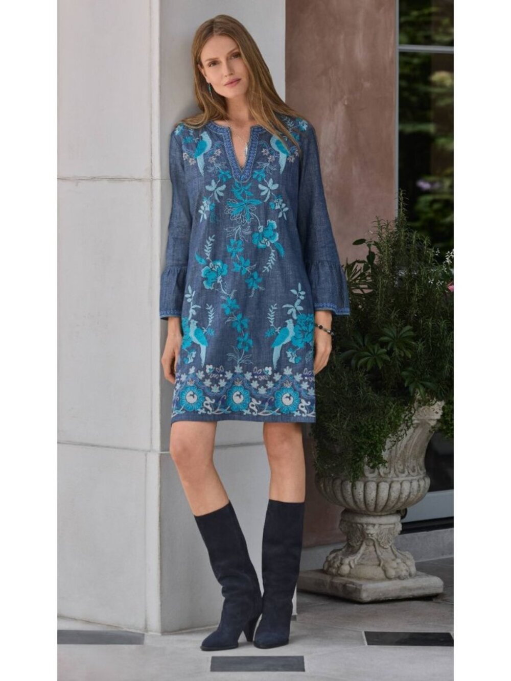 Johnny Was MSRP $298 Denim Ruffle Sleeve Dress Floral Embroidered Size Medium
